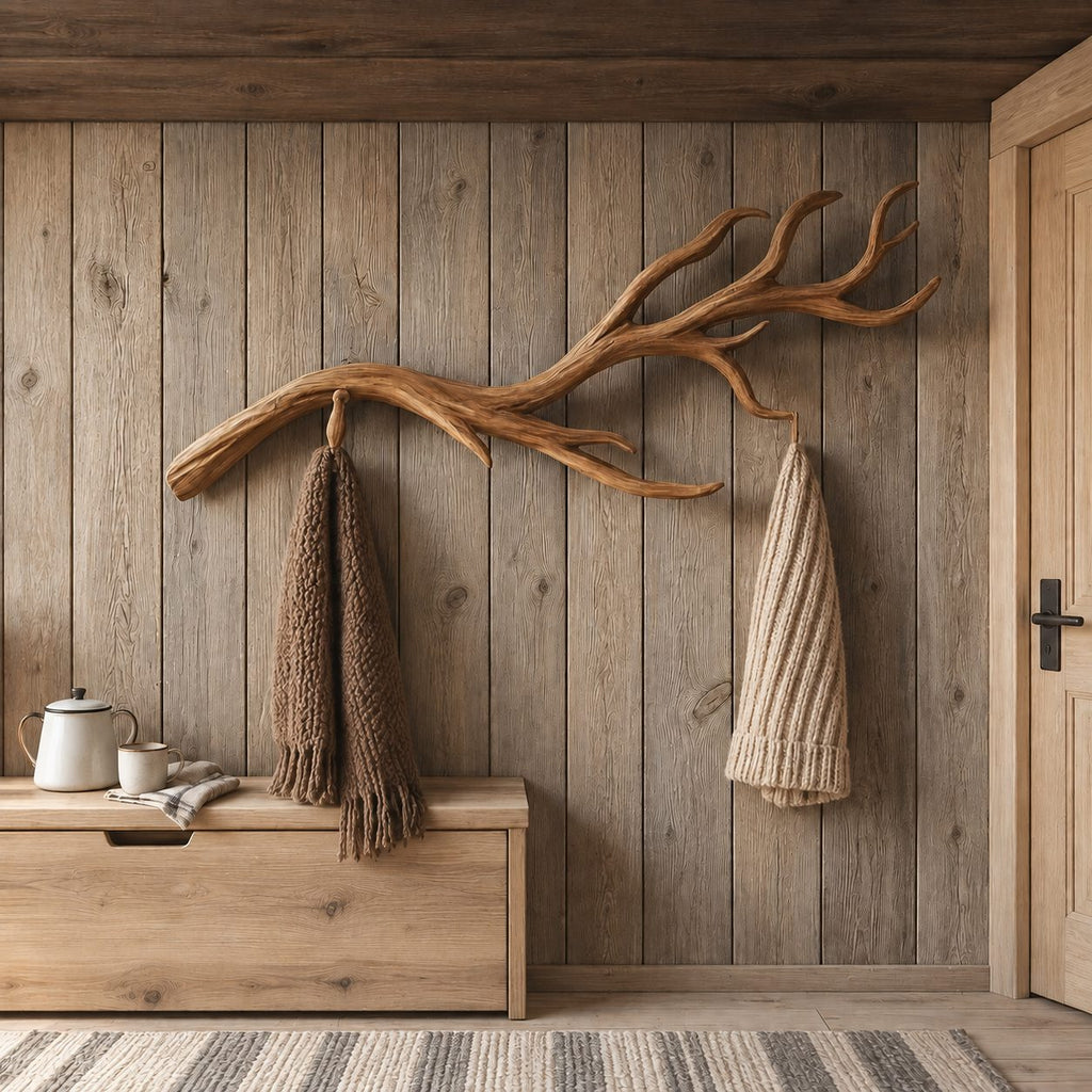 Antler Fork Branch Wall Coat Rack, Carved Solid Wood Hanger with Upswept Tines, 60-80 Inch