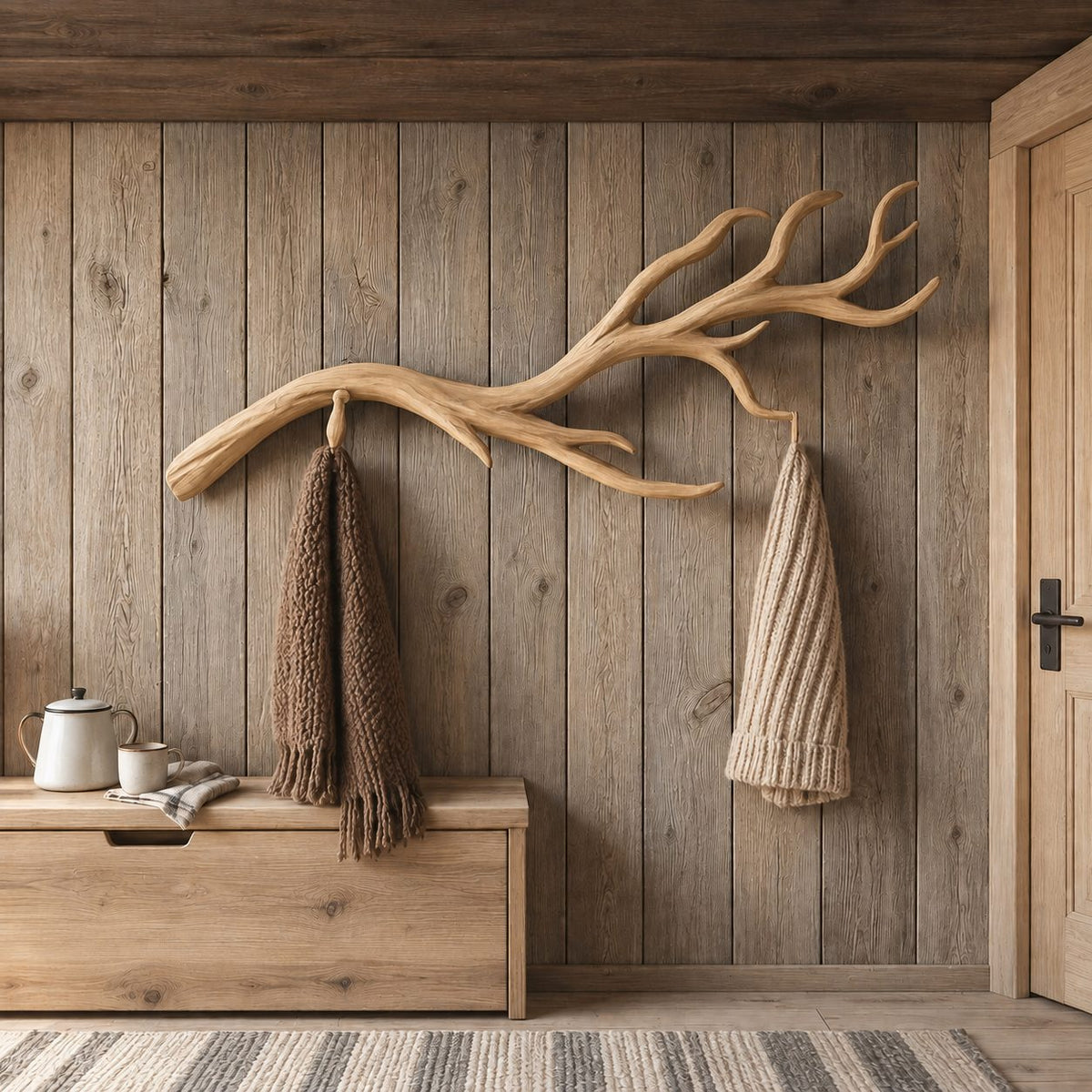 Antler Fork Branch Wall Coat Rack, Carved Solid Wood Hanger with Upswept Tines, 60-80 Inch