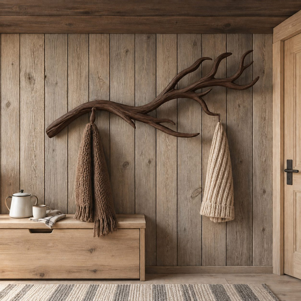 Antler Fork Branch Wall Coat Rack, Carved Solid Wood Hanger with Upswept Tines, 60-80 Inch