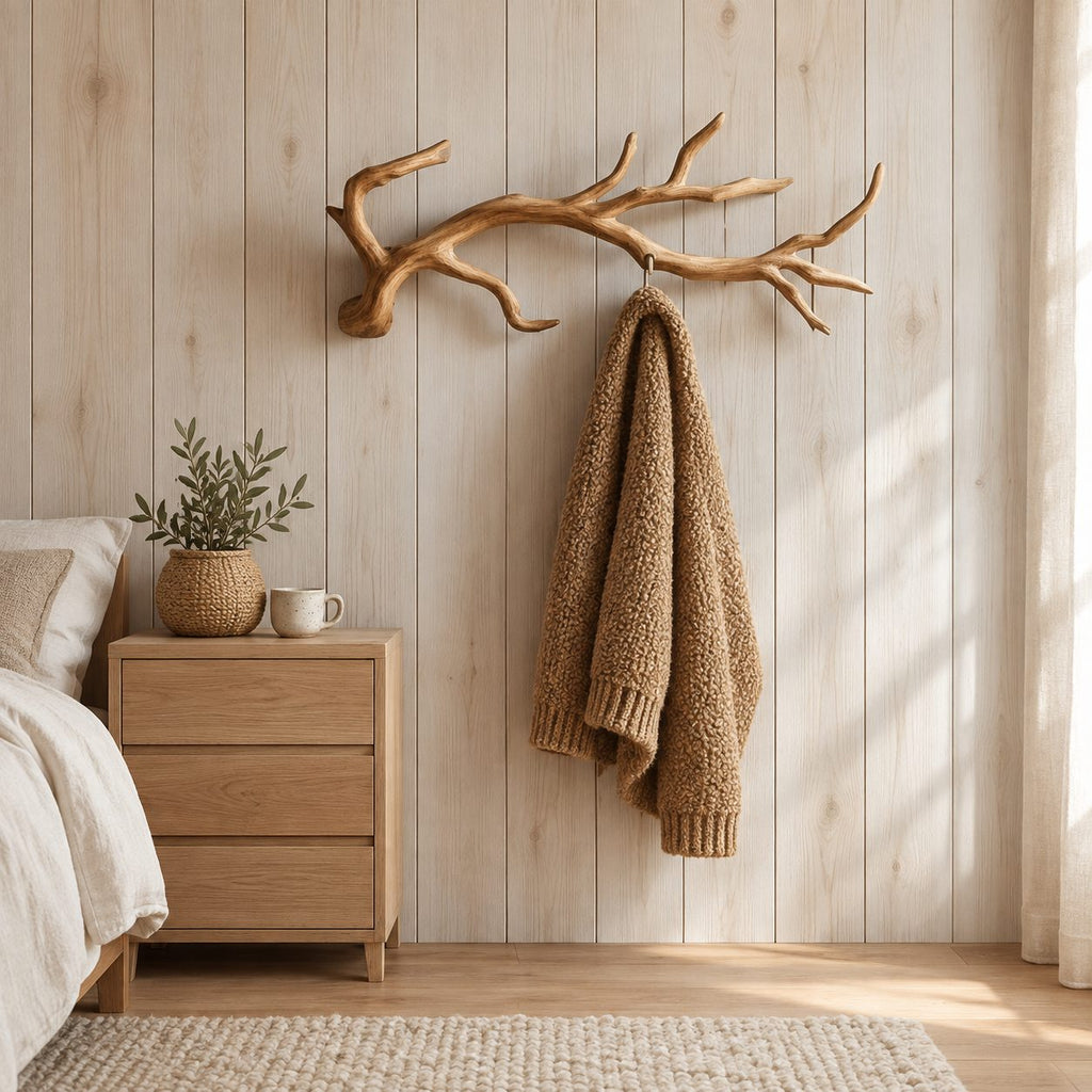 Gnarled Twig Branch Wall Coat Rack, Carved Solid Wood Hanger with Side Forks, 60-80 Inch
