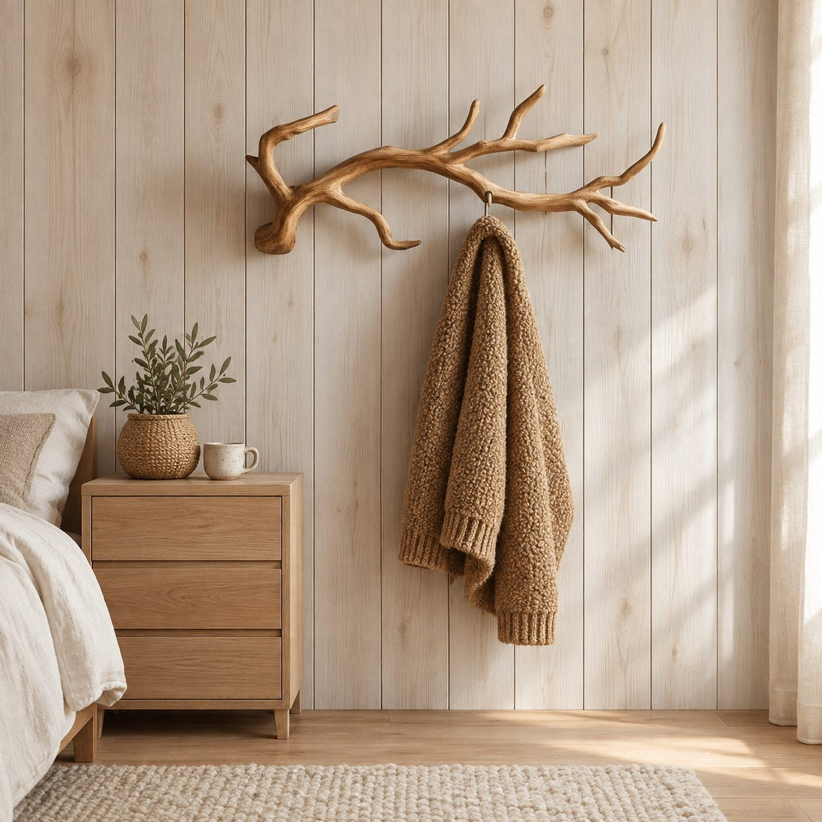 Gnarled Twig Branch Wall Coat Rack, Carved Solid Wood Hanger with Side Forks, 60-80 Inch