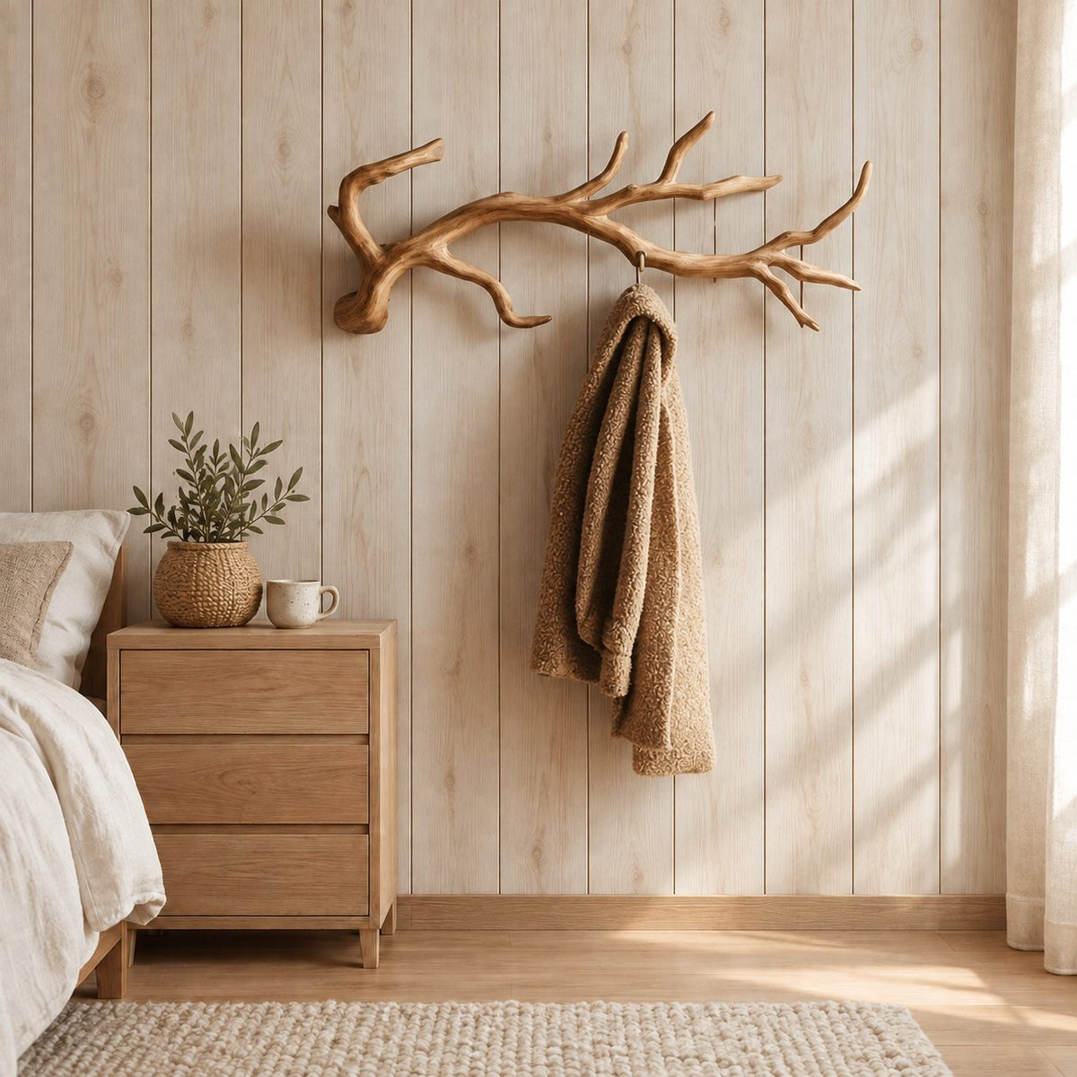 Gnarled Twig Branch Wall Coat Rack, Carved Solid Wood Hanger with Side Forks, 60-80 Inch