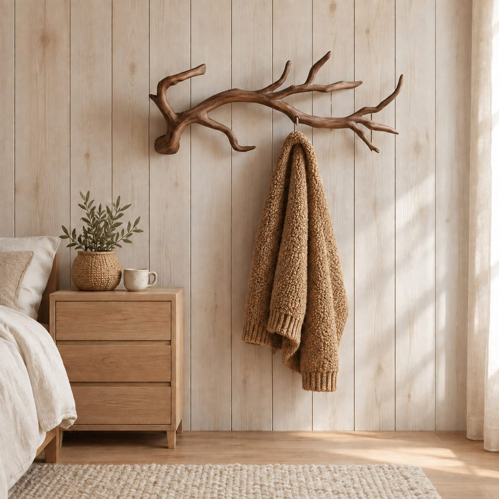 Gnarled Twig Branch Wall Coat Rack, Carved Solid Wood Hanger with Side Forks, 60-80 Inch