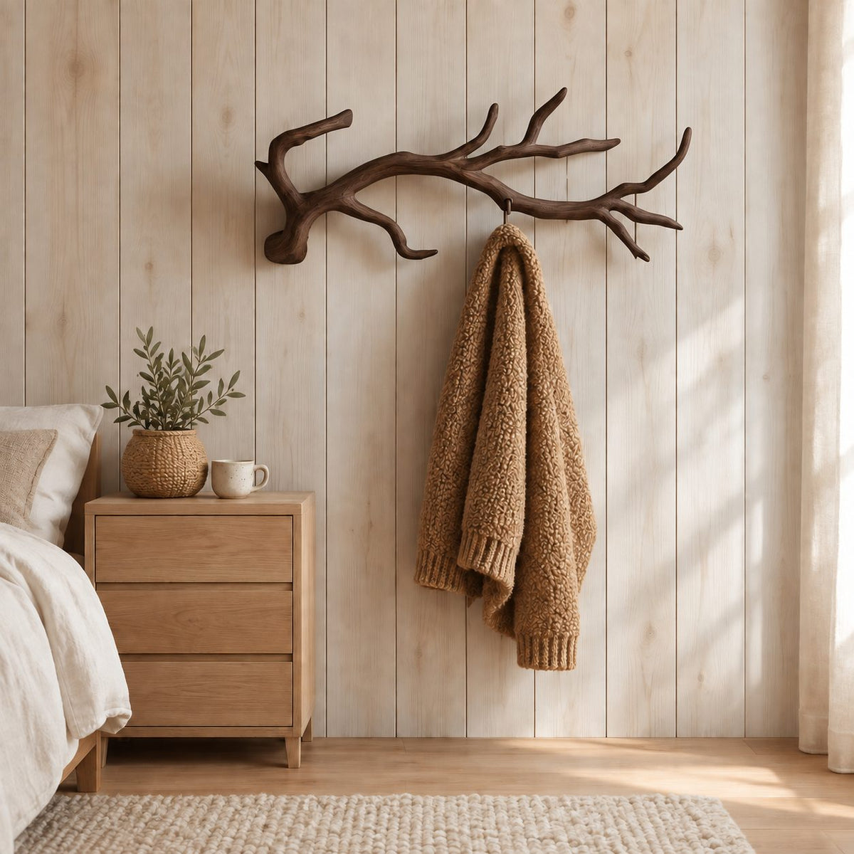 Gnarled Twig Branch Wall Coat Rack, Carved Solid Wood Hanger with Side Forks, 60-80 Inch