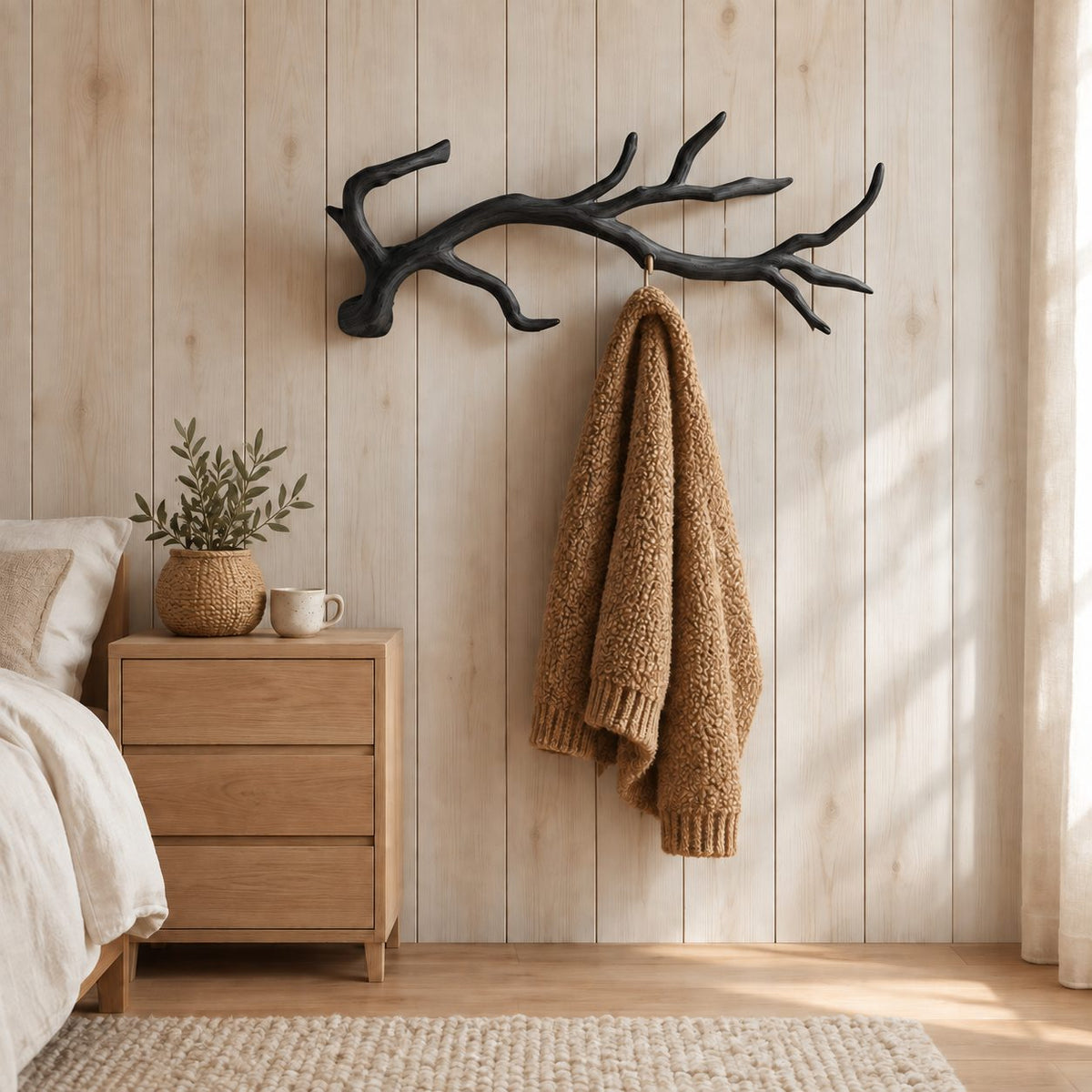 Gnarled Twig Branch Wall Coat Rack, Carved Solid Wood Hanger with Side Forks, 60-80 Inch