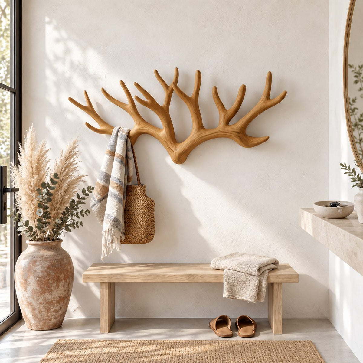 Antler Crown Wall Coat Rack, Wide Spreading Carved Solid Wood Antlers for Entryway, 31-67 Inch Wide