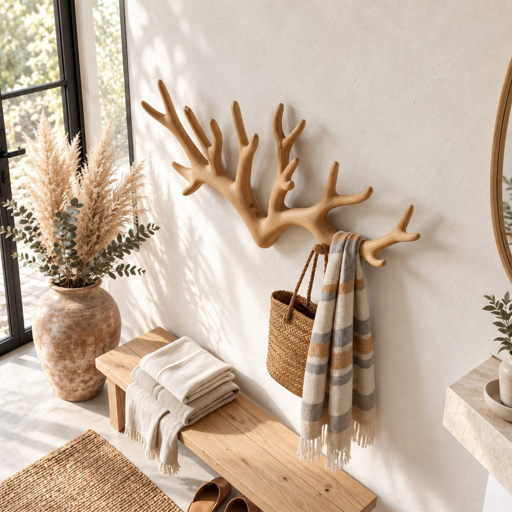 Antler Crown Wall Coat Rack, Wide Spreading Carved Solid Wood Antlers for Entryway, 31-67 Inch Wide