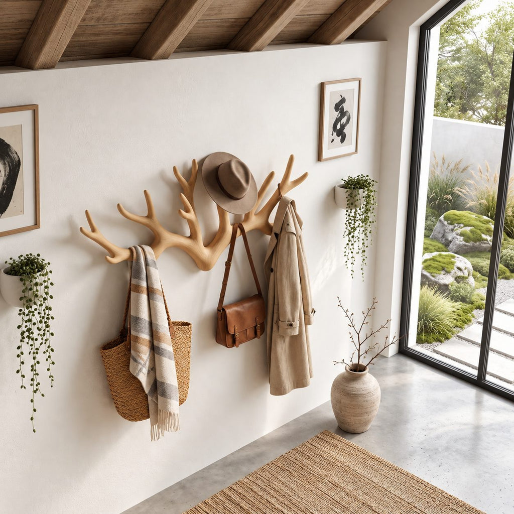 Antler Crown Wall Coat Rack, Wide Spreading Carved Solid Wood Antlers for Entryway, 31-67 Inch Wide