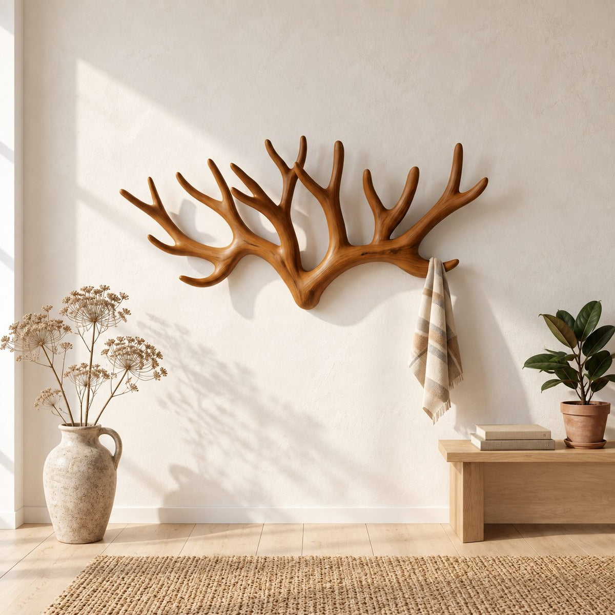 Antler Crown Wall Coat Rack, Wide Spreading Carved Solid Wood Antlers for Entryway, 31-67 Inch Wide