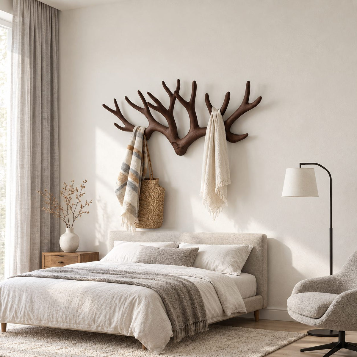Antler Crown Wall Coat Rack, Wide Spreading Carved Solid Wood Antlers for Entryway, 31-67 Inch Wide