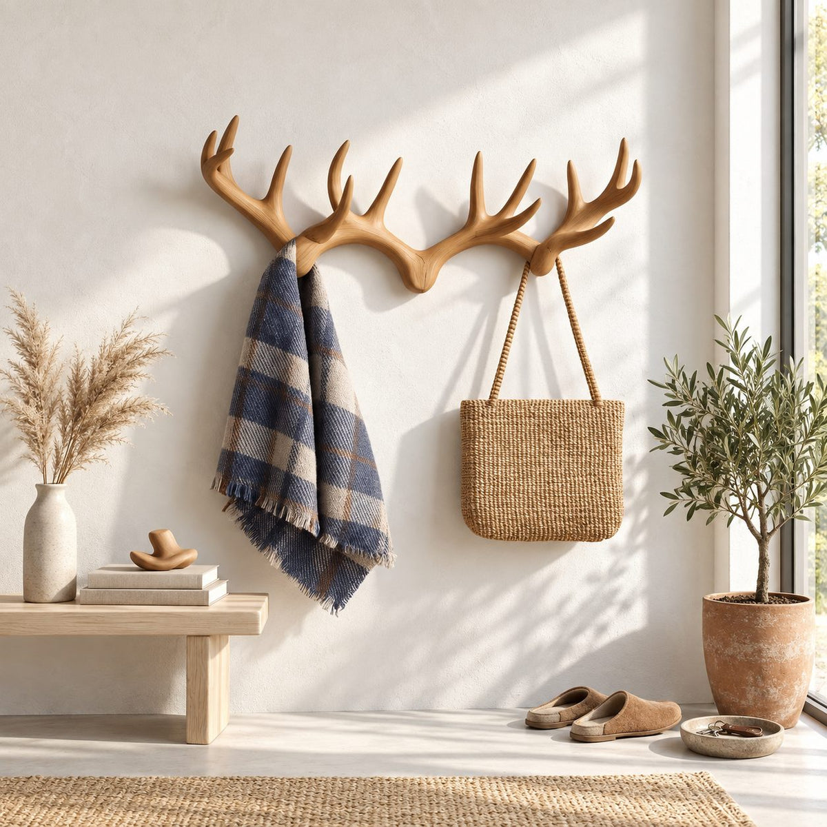 Deer Antler Pair Wall Coat Rack, Joined Smooth Carved Solid Wood Antlers with Pegs, 31-67 Inch