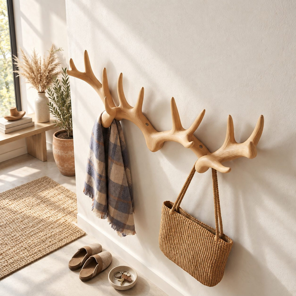 Deer Antler Pair Wall Coat Rack, Joined Smooth Carved Solid Wood Antlers with Pegs, 31-67 Inch