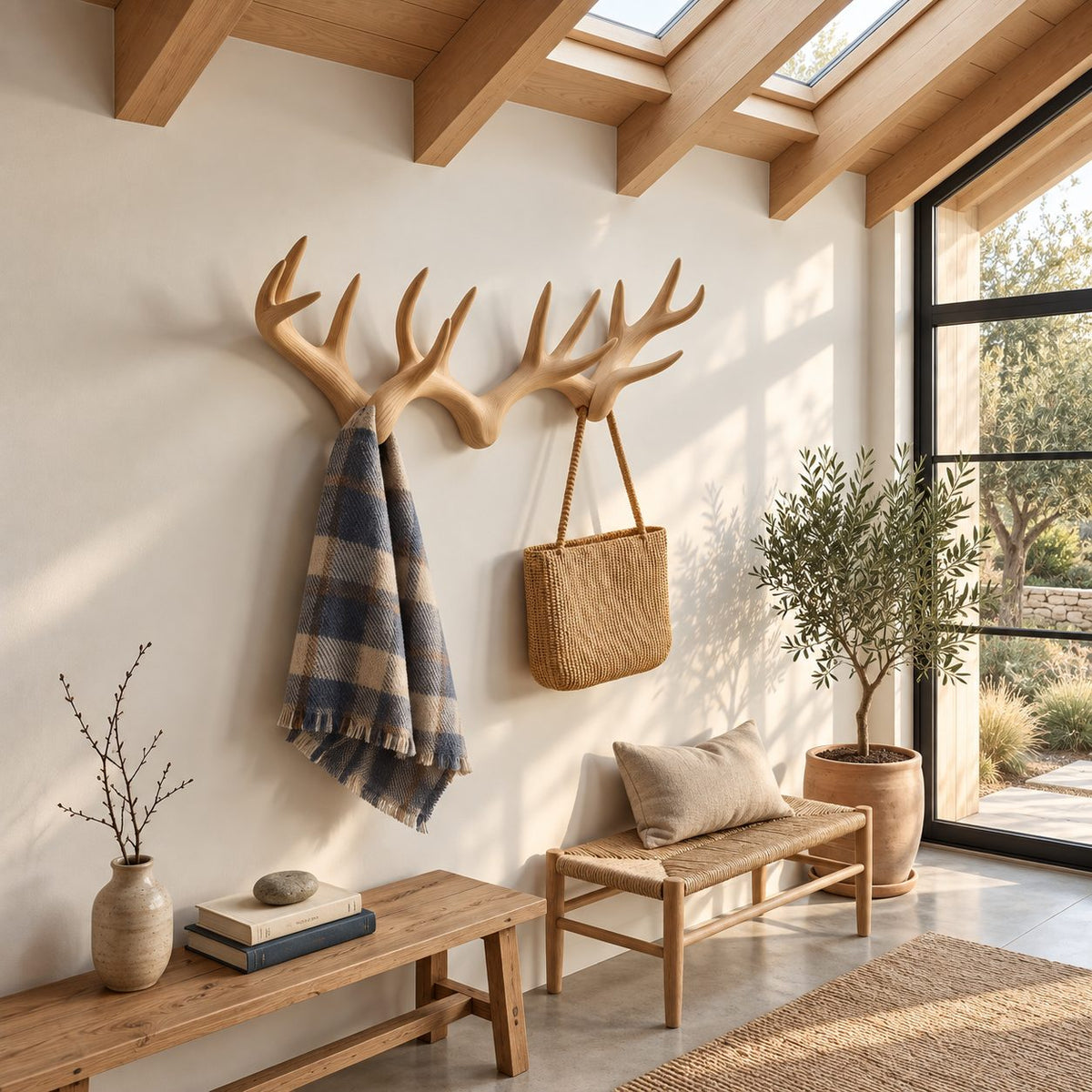 Deer Antler Pair Wall Coat Rack, Joined Smooth Carved Solid Wood Antlers with Pegs, 31-67 Inch