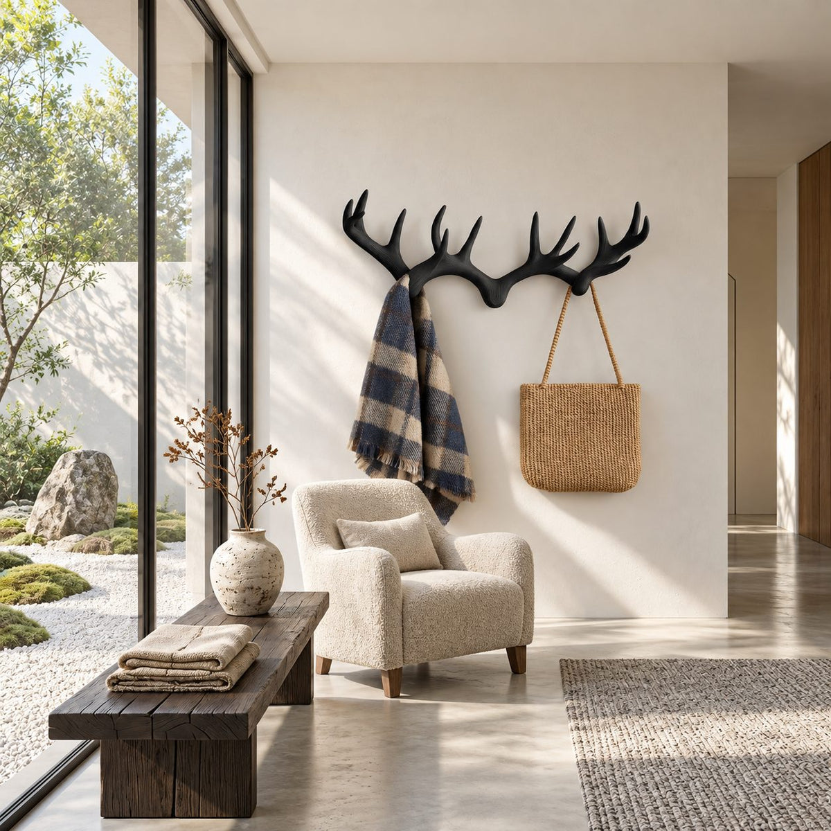 Deer Antler Pair Wall Coat Rack, Joined Smooth Carved Solid Wood Antlers with Pegs, 31-67 Inch