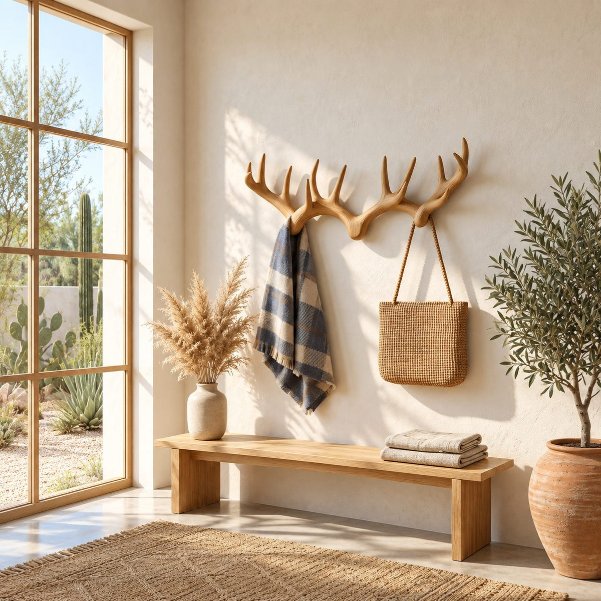 Deer Antler Pair Wall Coat Rack, Joined Smooth Carved Solid Wood Antlers with Pegs, 31-67 Inch