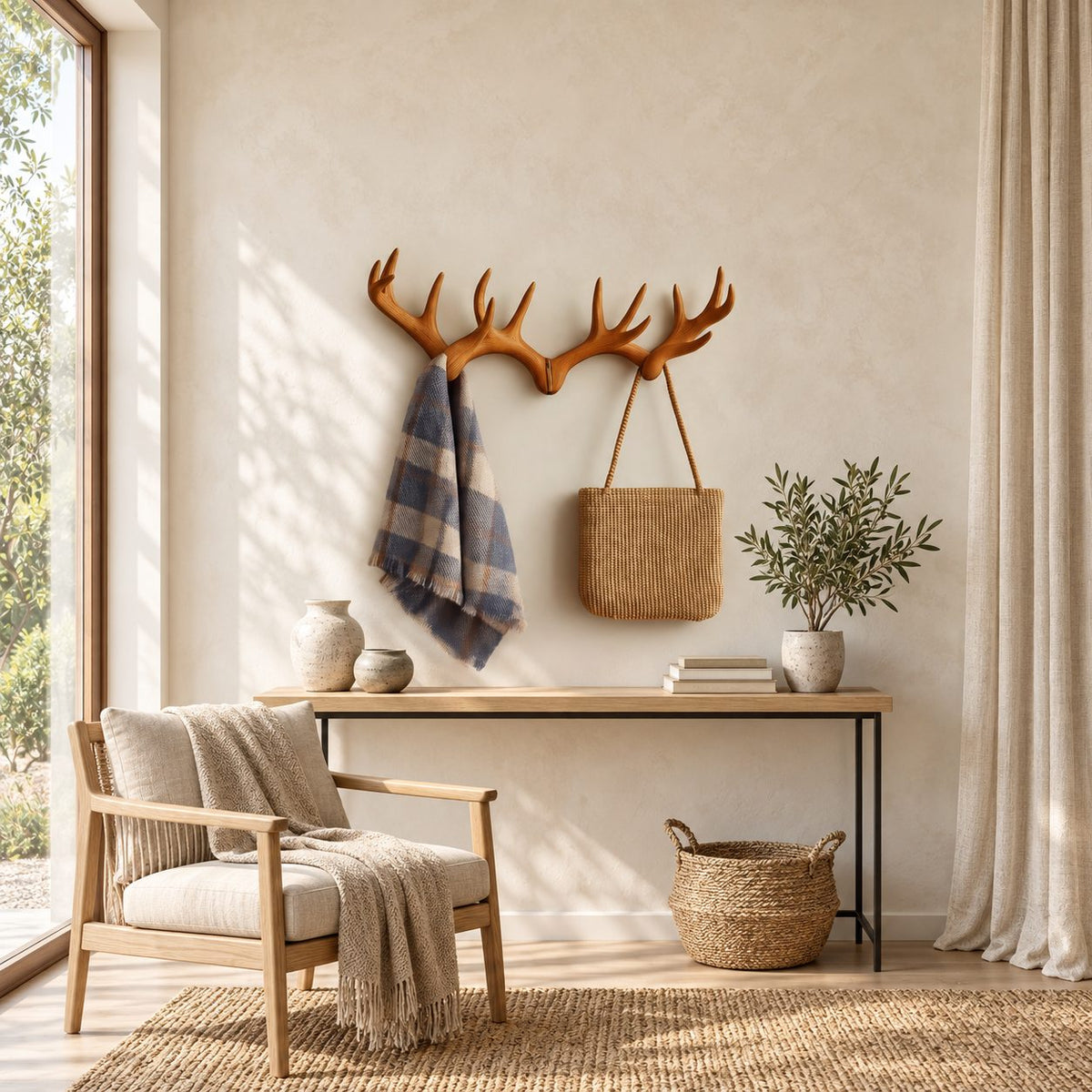 Deer Antler Pair Wall Coat Rack, Joined Smooth Carved Solid Wood Antlers with Pegs, 31-67 Inch