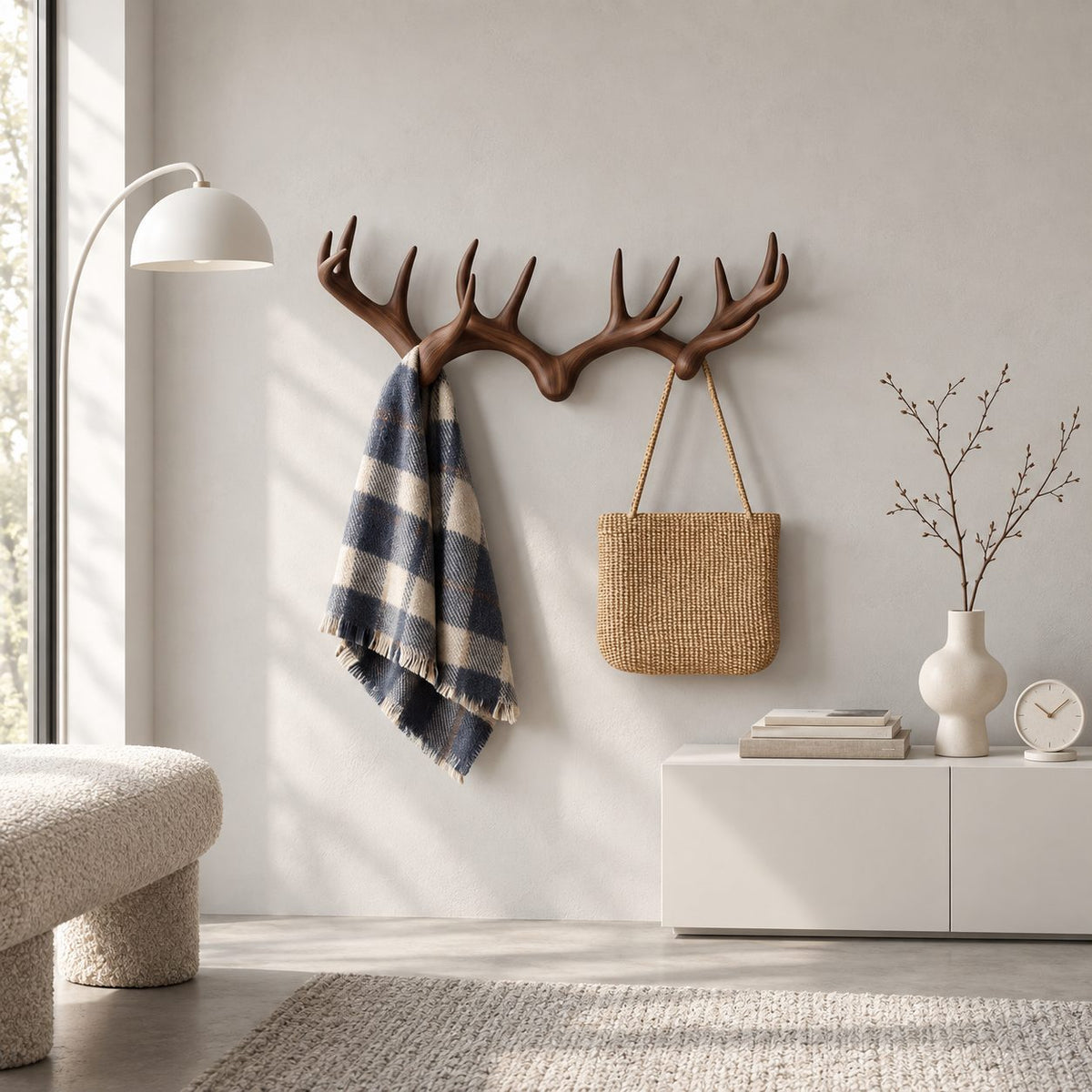 Deer Antler Pair Wall Coat Rack, Joined Smooth Carved Solid Wood Antlers with Pegs, 31-67 Inch