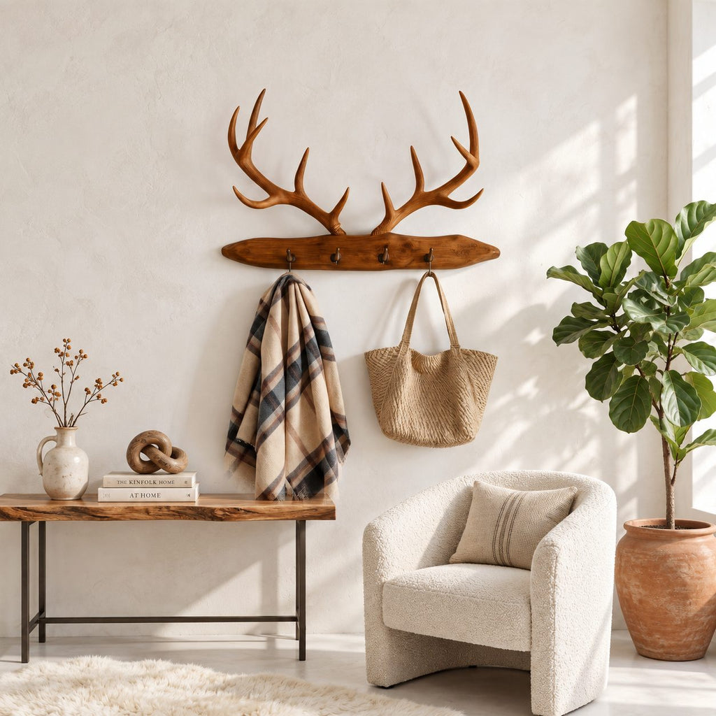 Stag Antler Plank Coat Rack, Wall Mounted Solid Wood Board with Peg Hooks and Carved Antlers, 31-67 Inch