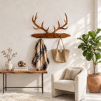 Stag Antler Plank Coat Rack, Wall Mounted Solid Wood Board with Peg Hooks and Carved Antlers, 31-67 Inch