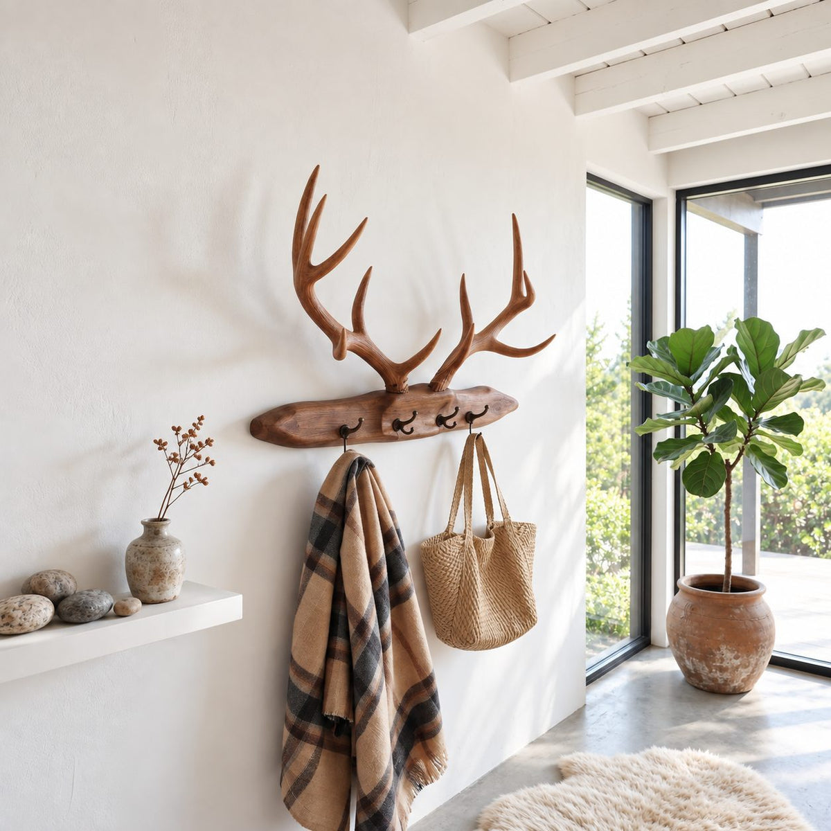 Stag Antler Plank Coat Rack, Wall Mounted Solid Wood Board with Peg Hooks and Carved Antlers, 31-67 Inch
