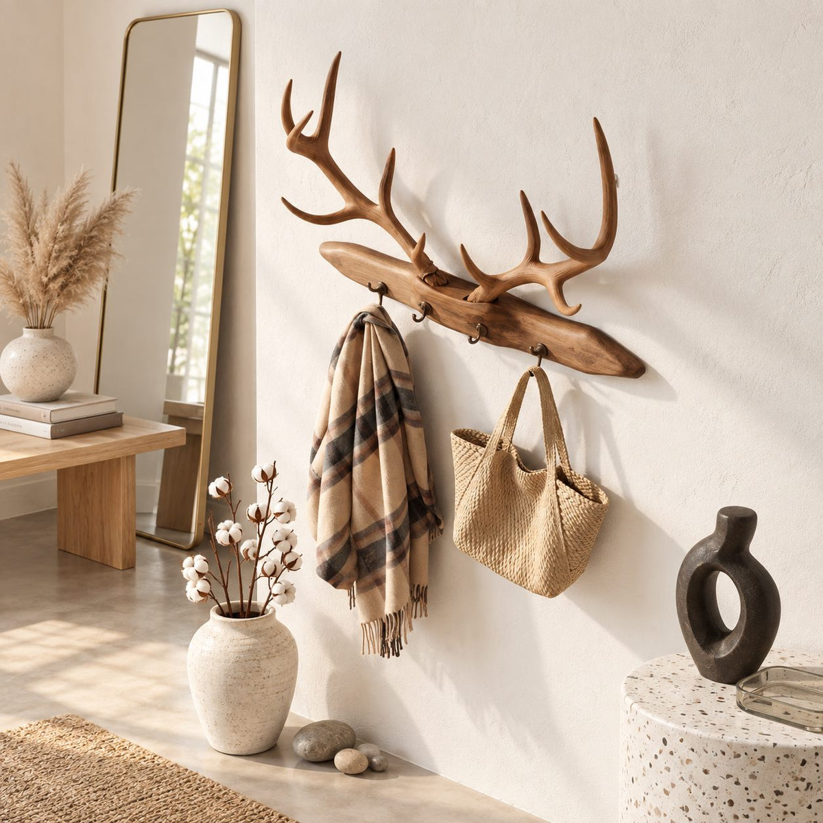 Stag Antler Plank Coat Rack, Wall Mounted Solid Wood Board with Peg Hooks and Carved Antlers, 31-67 Inch