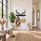Stag Antler Plank Coat Rack, Wall Mounted Solid Wood Board with Peg Hooks and Carved Antlers, 31-67 Inch