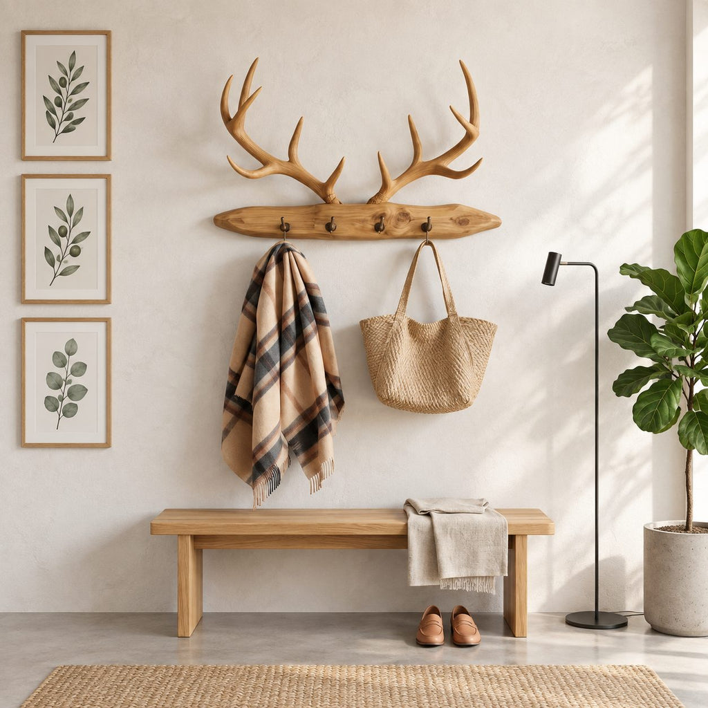 Stag Antler Plank Coat Rack, Wall Mounted Solid Wood Board with Peg Hooks and Carved Antlers, 31-67 Inch