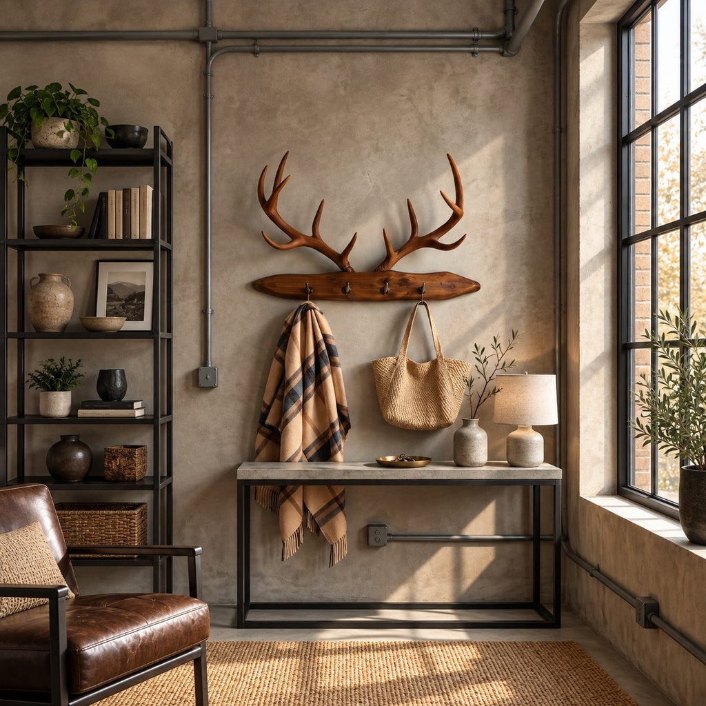 Stag Antler Plank Coat Rack, Wall Mounted Solid Wood Board with Peg Hooks and Carved Antlers, 31-67 Inch