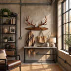 Stag Antler Plank Coat Rack, Wall Mounted Solid Wood Board with Peg Hooks and Carved Antlers, 31-67 Inch