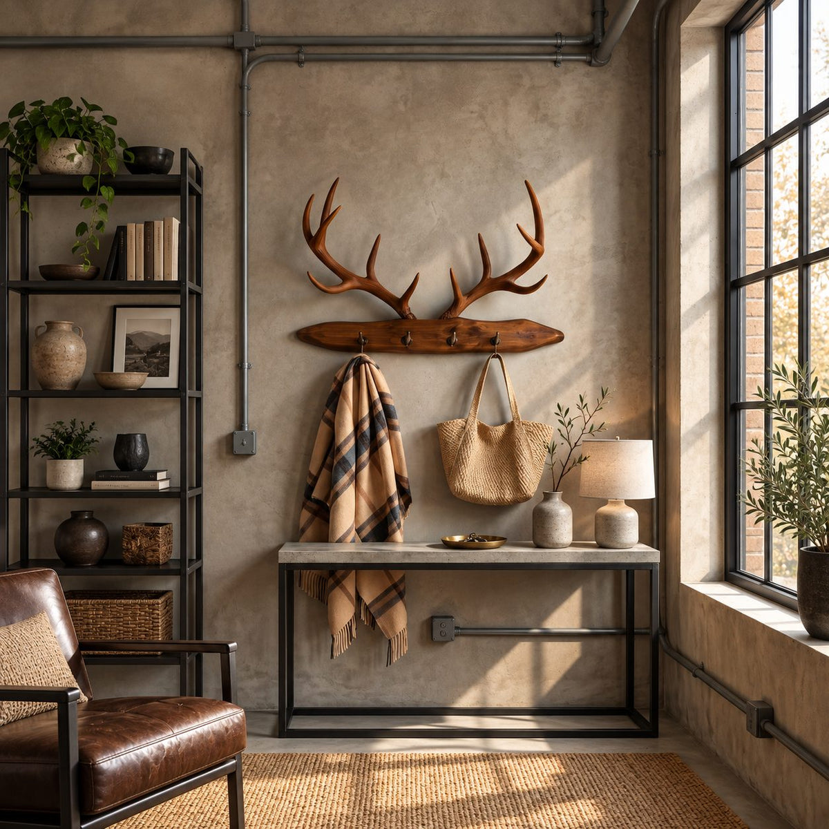 Stag Antler Plank Coat Rack, Wall Mounted Solid Wood Board with Peg Hooks and Carved Antlers, 31-67 Inch