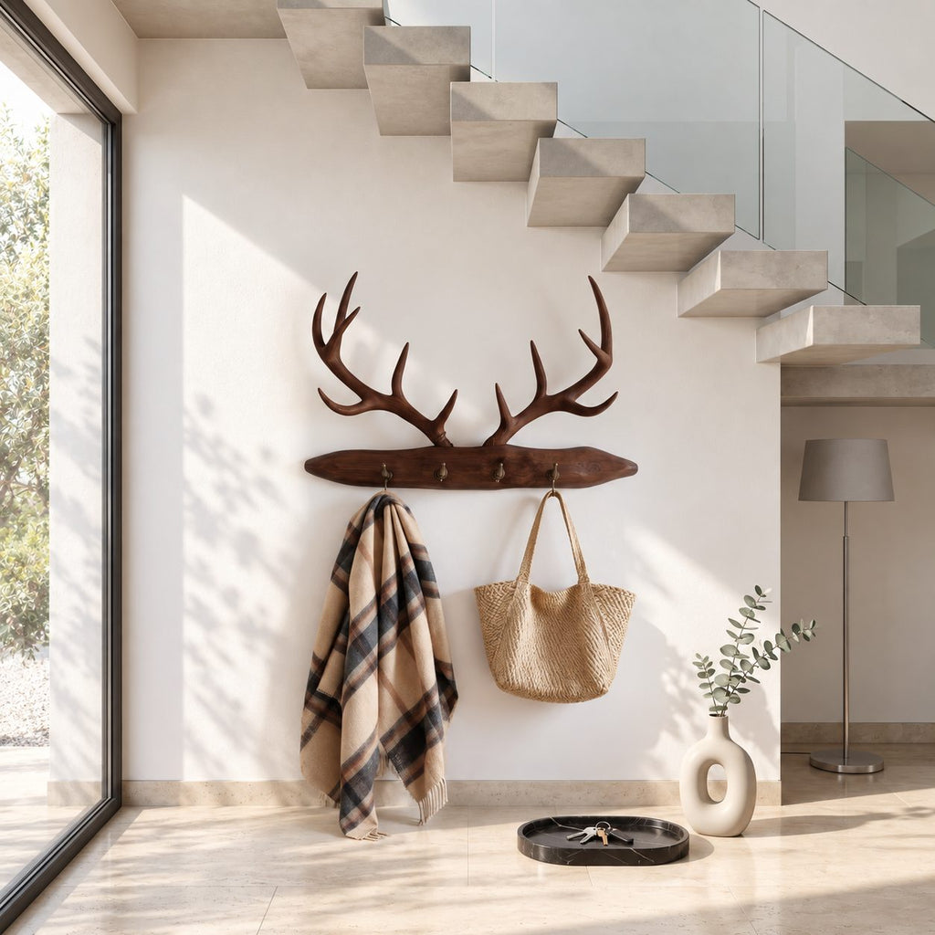 Stag Antler Plank Coat Rack, Wall Mounted Solid Wood Board with Peg Hooks and Carved Antlers, 31-67 Inch