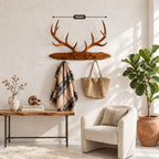 Stag Antler Plank Coat Rack, Wall Mounted Solid Wood Board with Peg Hooks and Carved Antlers, 31-67 Inch