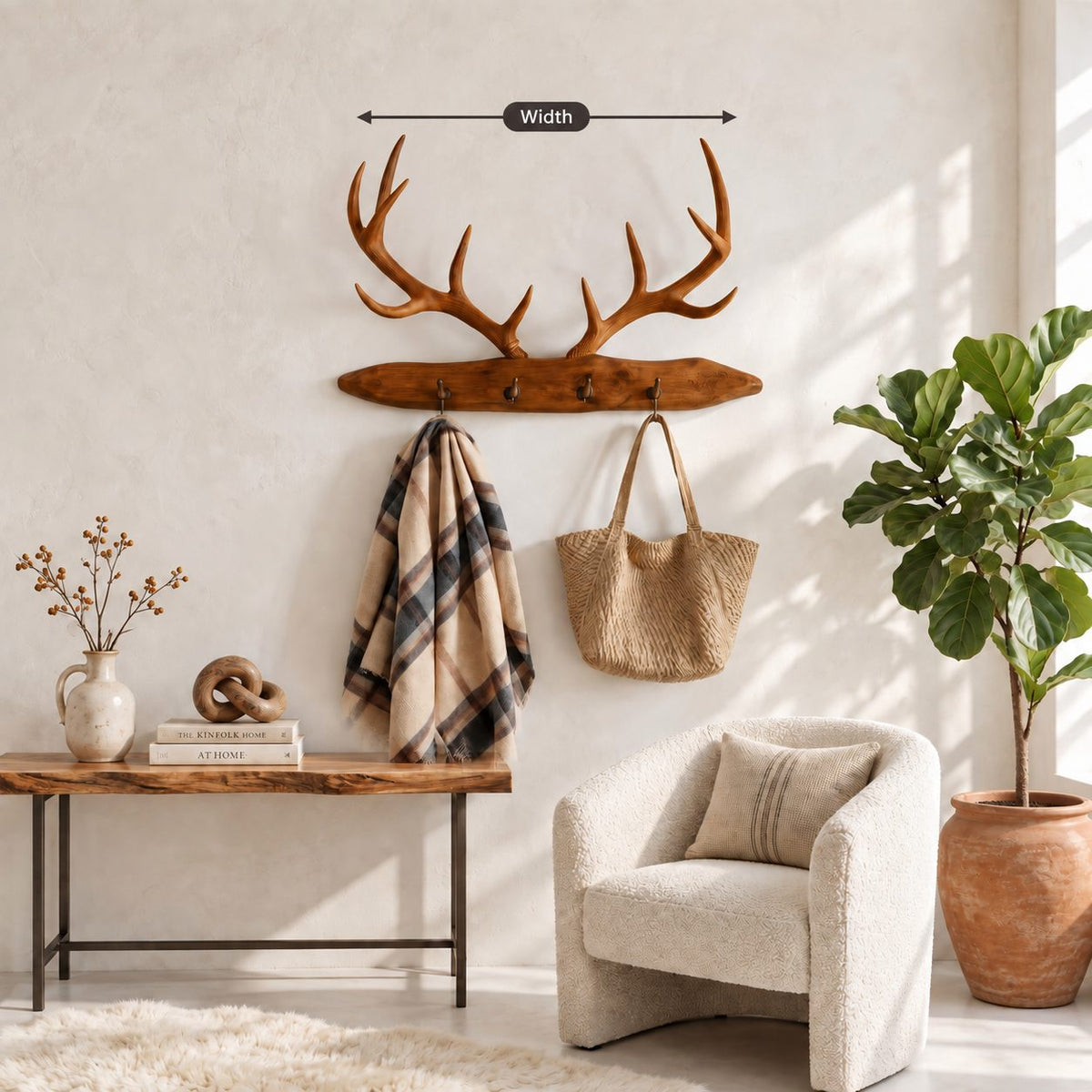 Stag Antler Plank Coat Rack, Wall Mounted Solid Wood Board with Peg Hooks and Carved Antlers, 31-67 Inch