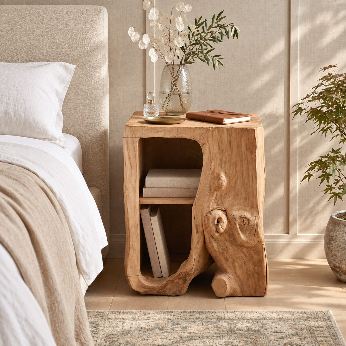 Hollow Log Nightstand with Open Shelf Niche, Carved Tree Trunk Solid Wood Bedside Table for Bedroom