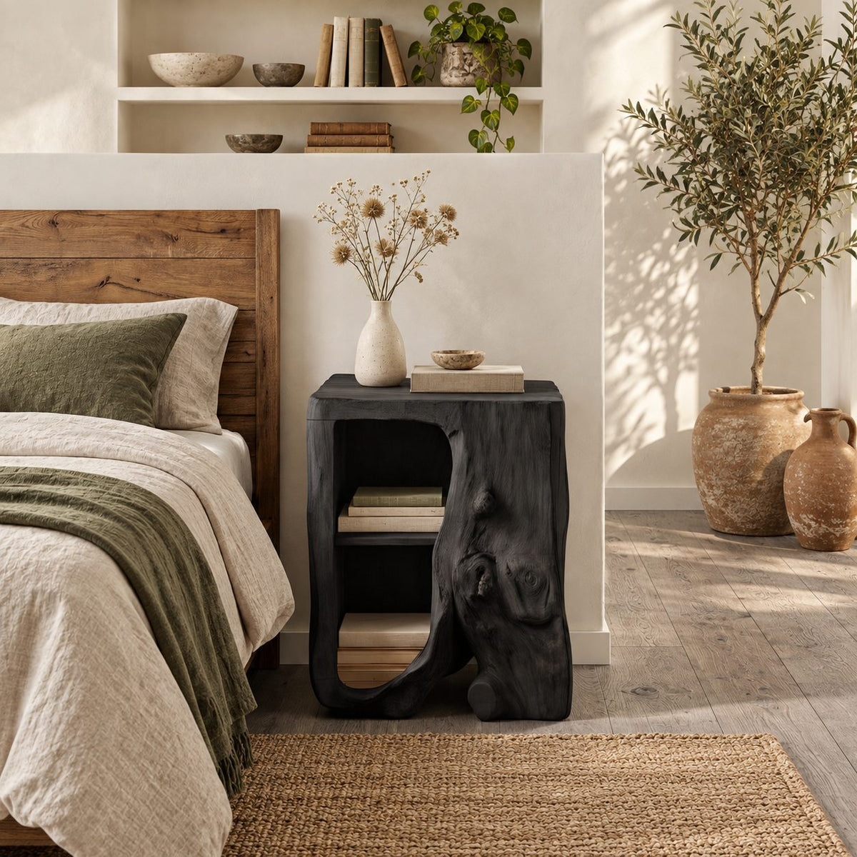 Hollow Log Nightstand with Open Shelf Niche, Carved Tree Trunk Solid Wood Bedside Table for Bedroom