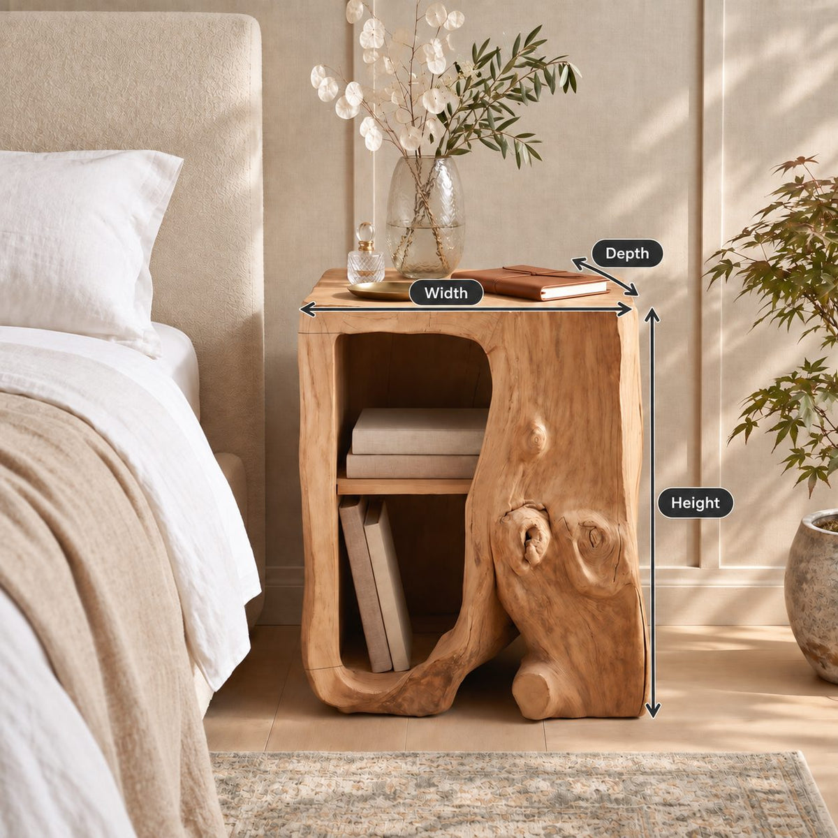 Hollow Log Nightstand with Open Shelf Niche, Carved Tree Trunk Solid Wood Bedside Table for Bedroom