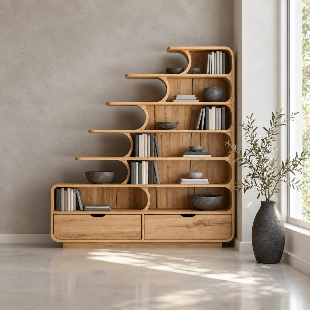 Stepped Bookshelf with Drawers and Curved Shelf Tips, Tiered Staircase Solid Wood Bookcase