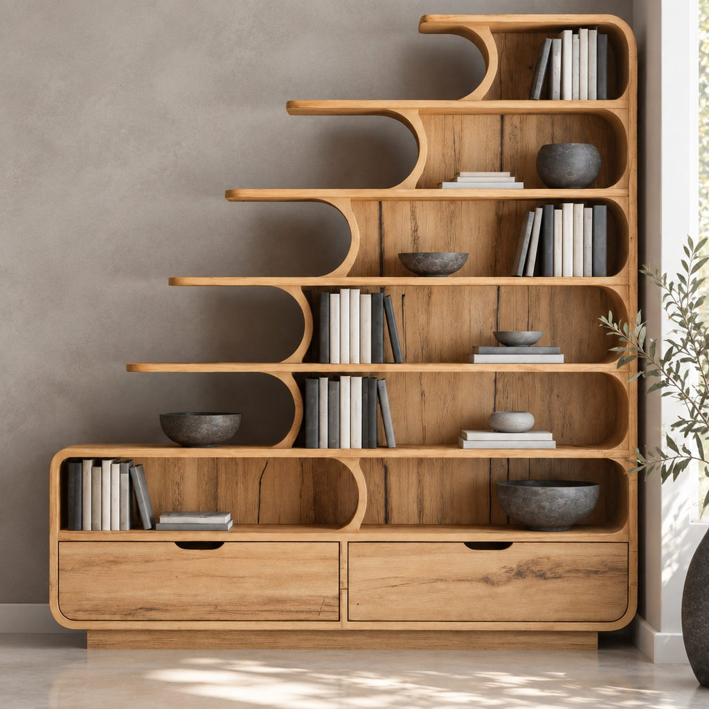 Stepped Bookshelf with Drawers and Curved Shelf Tips, Tiered Staircase Solid Wood Bookcase