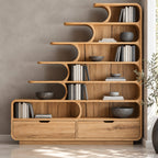 Stepped Bookshelf with Drawers and Curved Shelf Tips, Tiered Staircase Solid Wood Bookcase