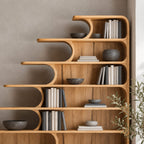 Stepped Bookshelf with Drawers and Curved Shelf Tips, Tiered Staircase Solid Wood Bookcase