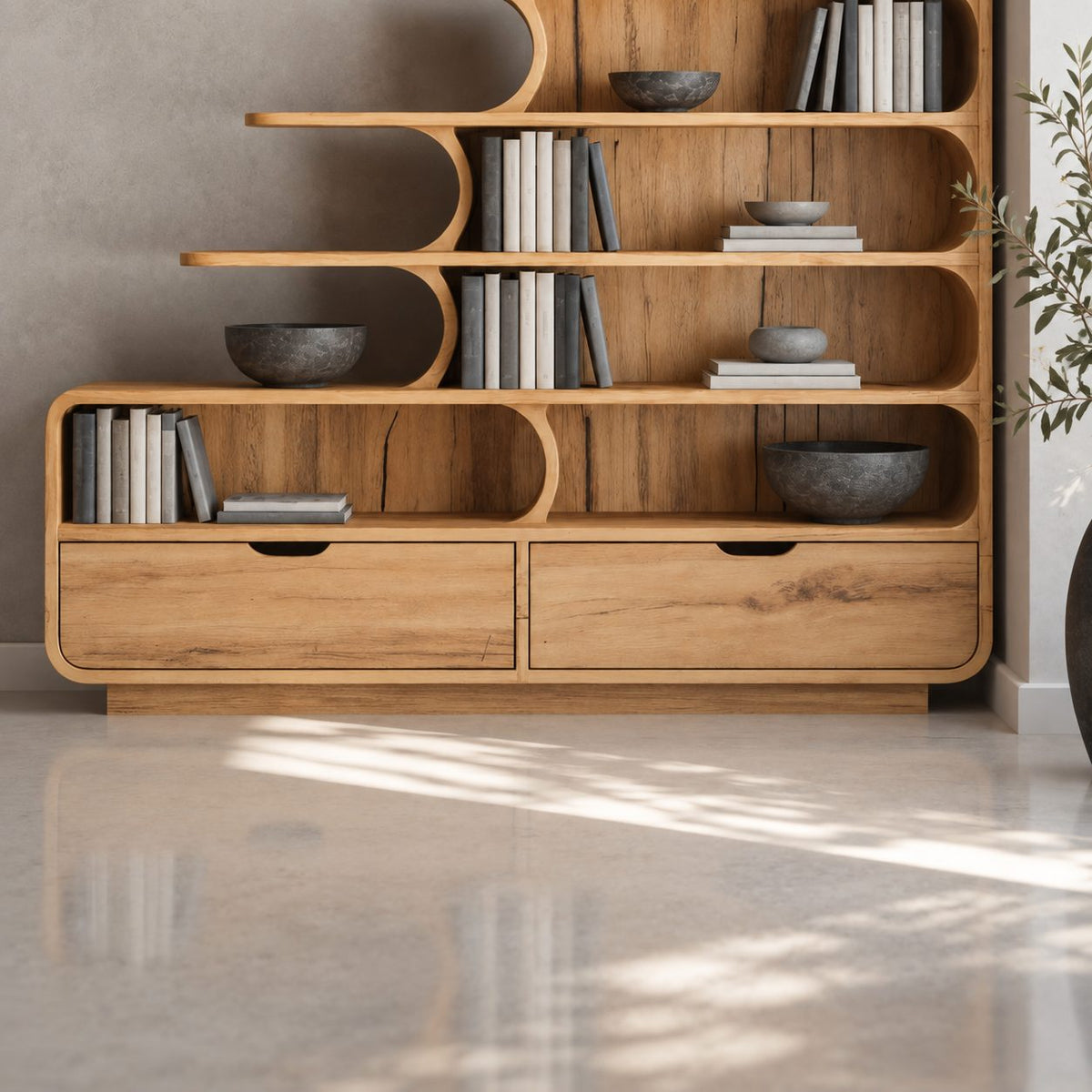 Stepped Bookshelf with Drawers and Curved Shelf Tips, Tiered Staircase Solid Wood Bookcase