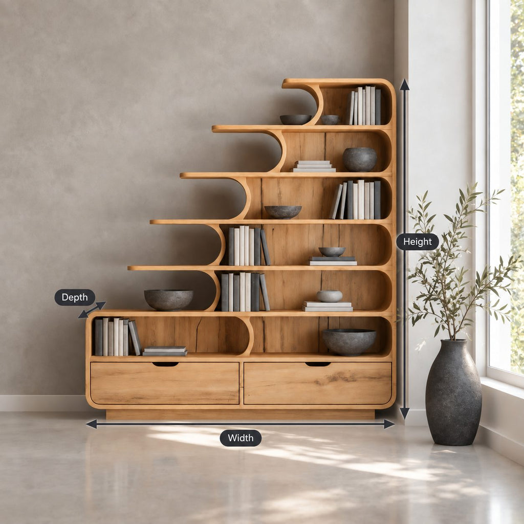 Stepped Bookshelf with Drawers and Curved Shelf Tips, Tiered Staircase Solid Wood Bookcase