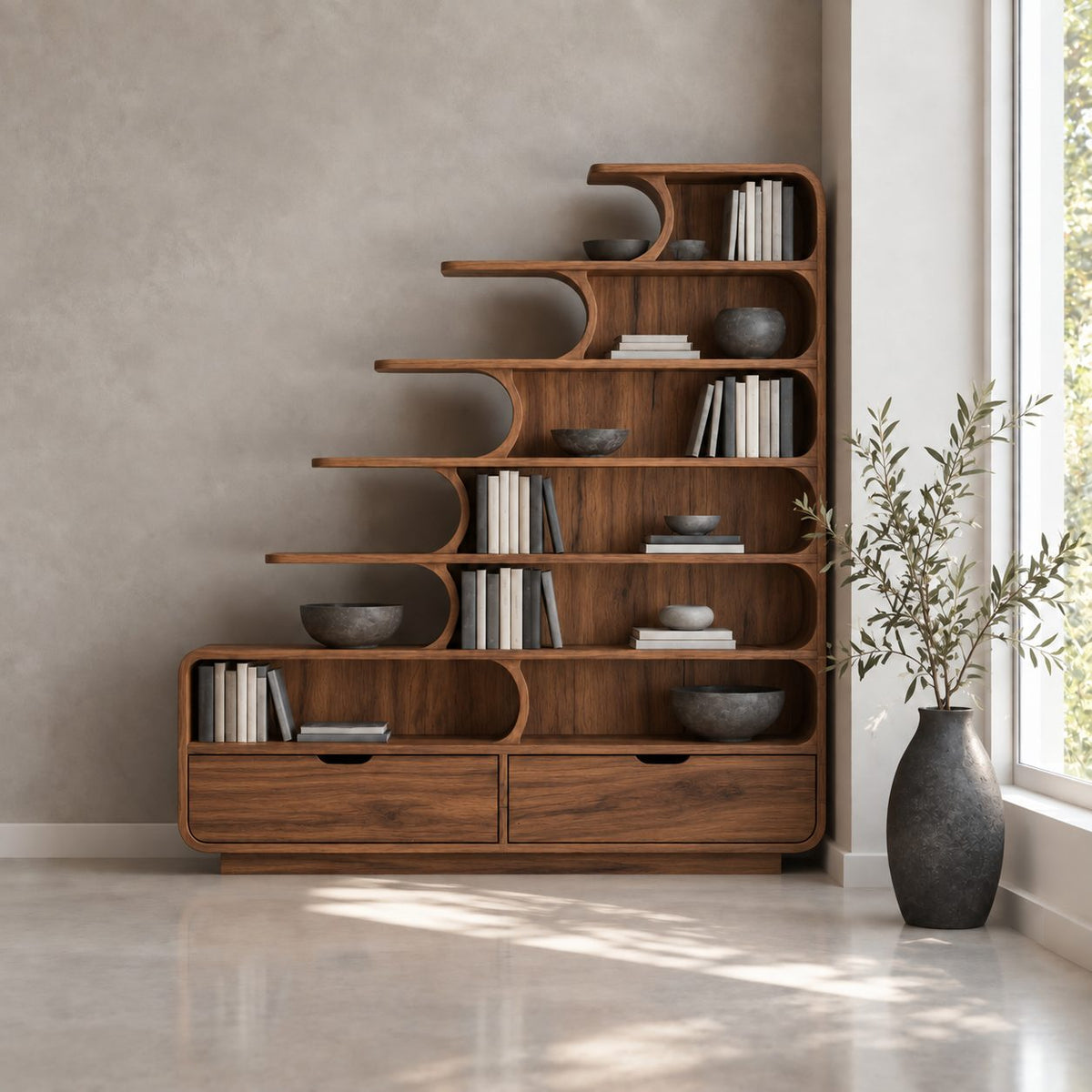 Stepped Bookshelf with Drawers and Curved Shelf Tips, Tiered Staircase Solid Wood Bookcase