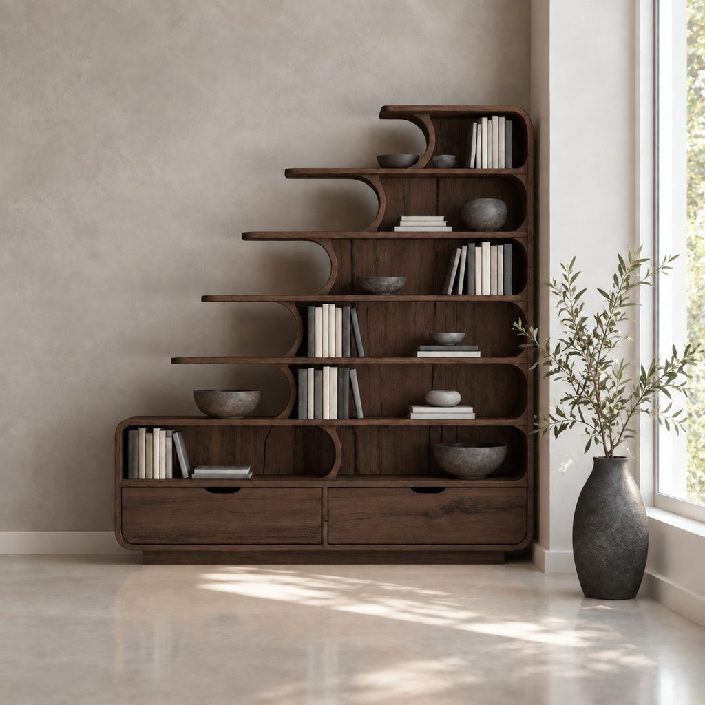 Stepped Bookshelf with Drawers and Curved Shelf Tips, Tiered Staircase Solid Wood Bookcase