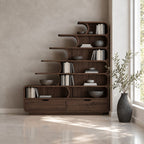 Stepped Bookshelf with Drawers and Curved Shelf Tips, Tiered Staircase Solid Wood Bookcase