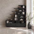 Stepped Bookshelf with Drawers and Curved Shelf Tips, Tiered Staircase Solid Wood Bookcase