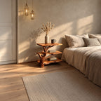 Tree Branch Bedside Table with Three Live Edge Tiers, Twisting Trunk Solid Wood Nightstand for Bedroom
