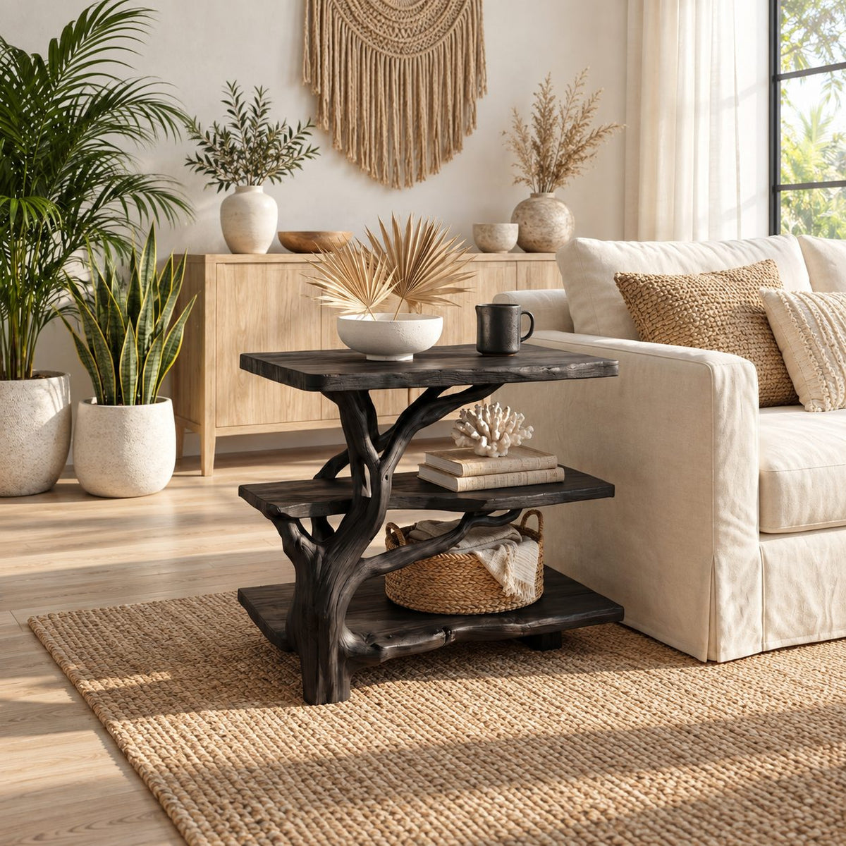 Tree Branch Bedside Table with Three Live Edge Tiers, Twisting Trunk Solid Wood Nightstand for Bedroom