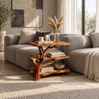 Tree Branch Bedside Table with Three Live Edge Tiers, Twisting Trunk Solid Wood Nightstand for Bedroom