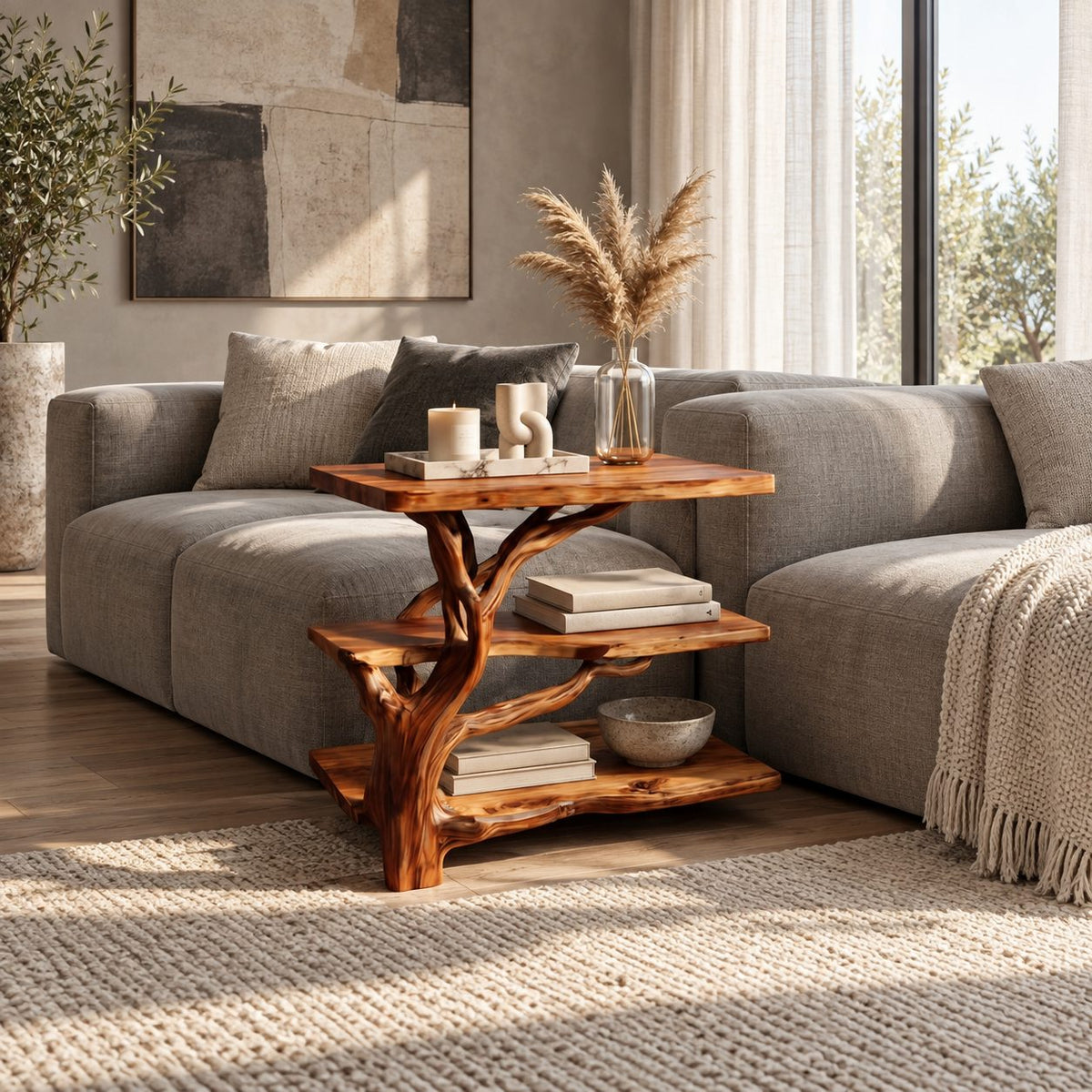 Tree Branch Bedside Table with Three Live Edge Tiers, Twisting Trunk Solid Wood Nightstand for Bedroom